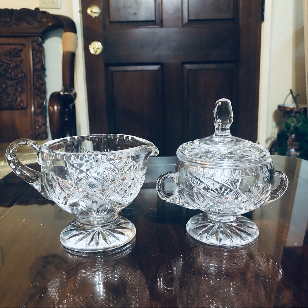 Elegant Crystal Clear Cut Glass, Sugar and Creamer Set